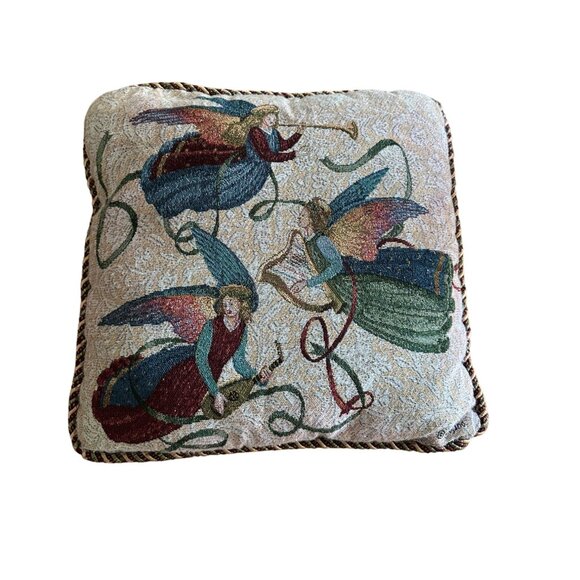 Vintage Decorative Tapestry Pillow Angels Playing Musical Instruments.17" X 17" - Picture 1 of 6